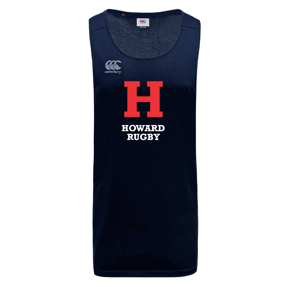 Navy Howard University Tempo Vapodri Singlet by WRS Canterbury with "H Howard Rugby" in bold red and white on the front, featuring VapoDri moisture-wicking technology and a Canterbury logo on the upper left.