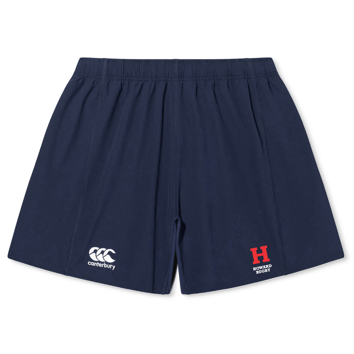 The Howard University Yokohama Short by EMB Canterbury features a navy blue design with the iconic white Canterbury logo on the left and a red "H" and "HOWARD HOCKEY" on the right. Made from lightweight fabric, these shorts provide comfort and style for sports enthusiasts.