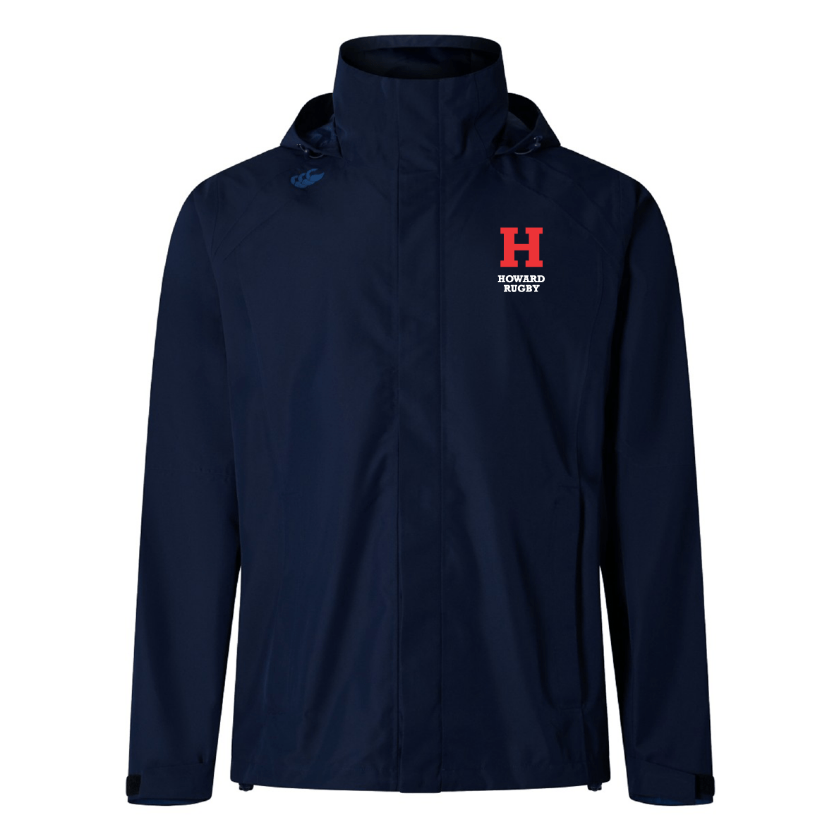 The Howard University Elite Storm Jacket by Canterbury is a navy blue waterproof jacket with a hood featuring Vaposhield performance, adorned with a red "H" logo and "Howard Rugby" text on the upper left chest, offered by EMB Canterbury for stylishly facing the elements.