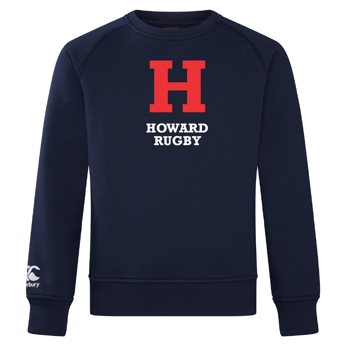 The Howard University Club Crew Sweatshirt by WRS Canterbury is ultra-soft, navy, and features a striking red "H" with "Howard Rugby" in white beneath. It includes an embroidered CCC logo on the left sleeve.