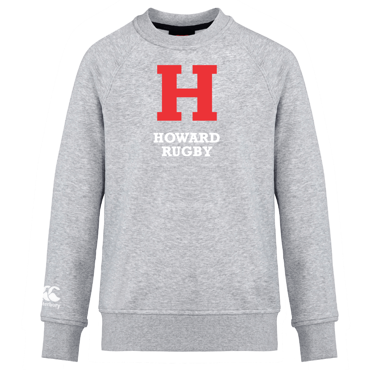 Ultra-soft Howard University Club Crew Sweatshirt by WRS Canterbury in gray, featuring an embroidered CCC logo and a large red "H" with "HOWARD RUGBY" in white on the front.