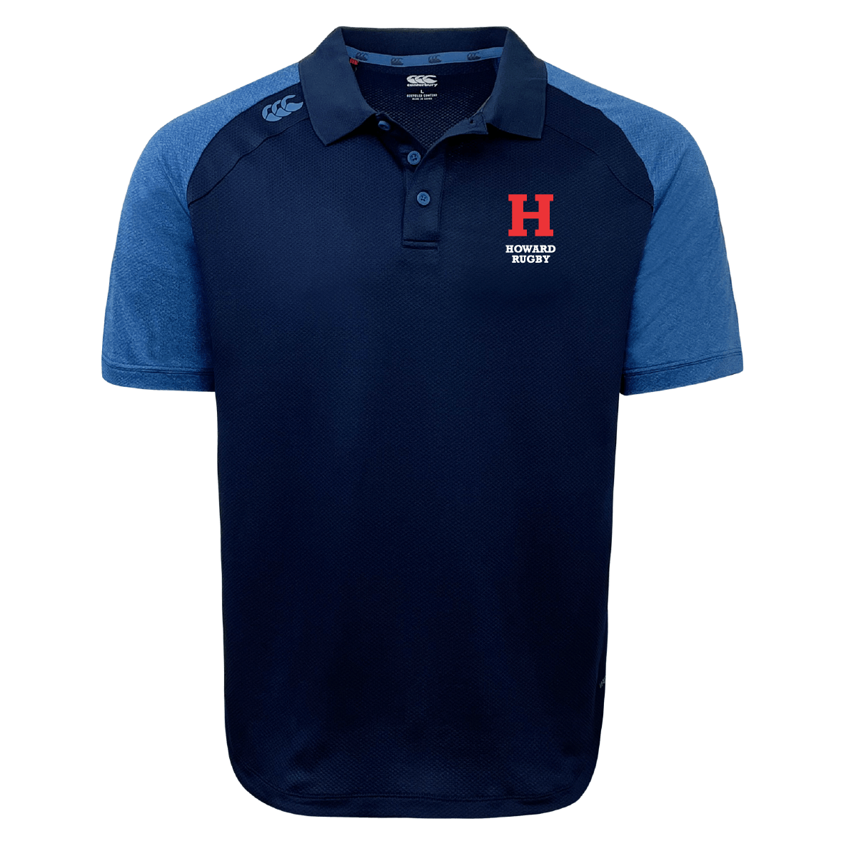 The Howard University Elite Polo by EMB Canterbury is navy and blue with short sleeves, "HOWARD RUGBY," and a red "H" logo on the chest, made from Vapodri fabrics for ultimate comfort.