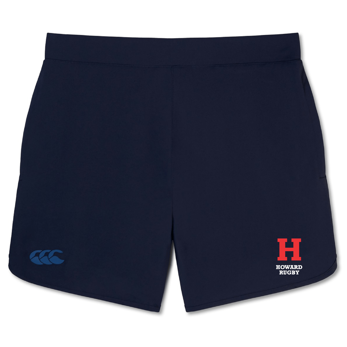 These Navy blue Howard University Elite Woven Shorts by EMB Canterbury are designed for lightweight comfort. They feature a small blue logo on the left leg and a red "H" with "Howard Rugby" text on the right, making them perfect for enhancing your training experience.