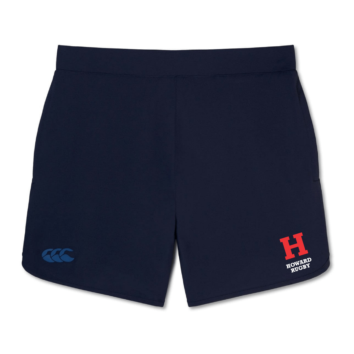 The Howard University Women's Elite Woven Shorts by EMB Canterbury are navy blue with a Canterbury logo and "Howard Rugby" in red and white on the left leg, providing lightweight comfort and durability for any workout.