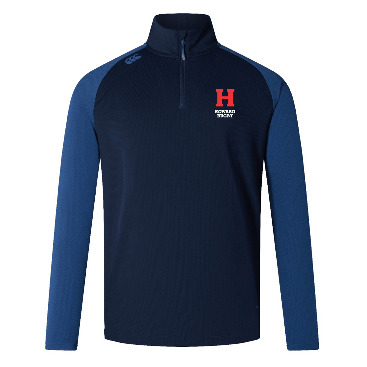 The EMB Canterbury Howard University Elite First Layer by Canterbury is a navy and dark blue quarter-zip rugby shirt with a "H" and "Howard Rugby" logo on the left chest, featuring quick-drying VapoDri technology for enhanced comfort.