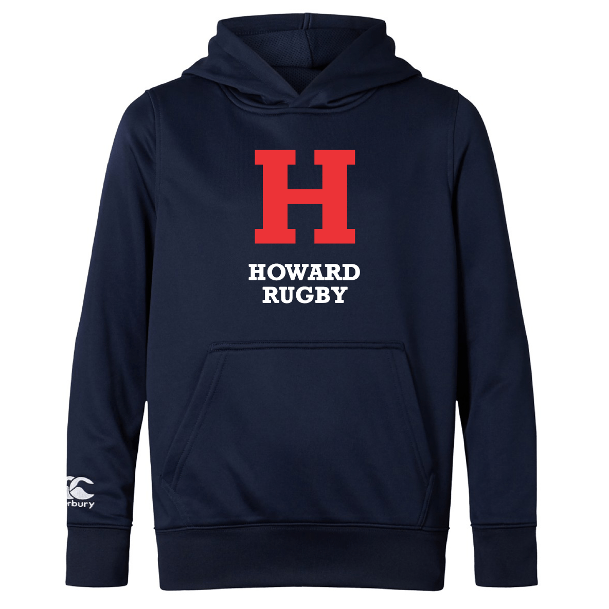 Howard University Club Lightweight Hoodie by WRS Canterbury: Navy blue, features a large red "H" and "Howard Rugby," with a kangaroo pocket and polyester hood.