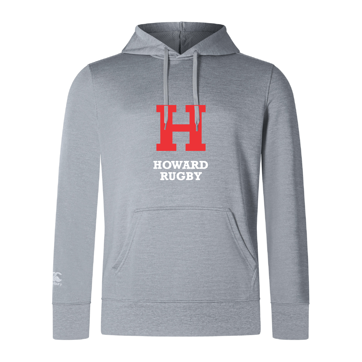 The Howard University Club Lightweight Hoodie by WRS Canterbury features a red and white "H" and "Howard Rugby" print on the front, made from lightweight polyester, and includes a kangaroo pocket for convenience.