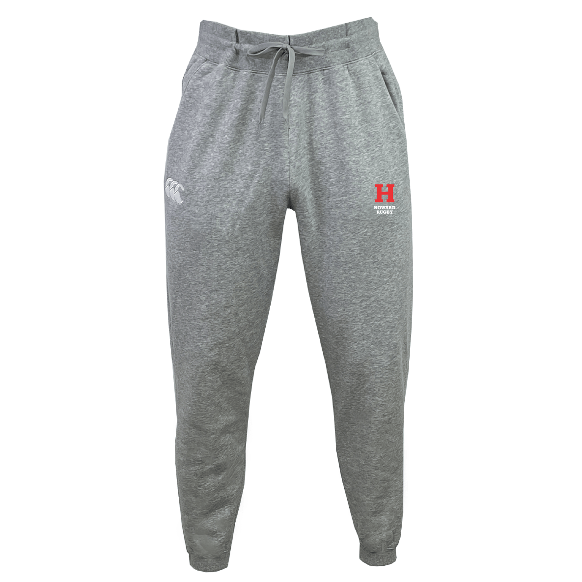 The Howard University Leisure Sweatpant by EMB Canterbury is crafted from organic cotton and features an elastic waistband, drawstring, left thigh logo, and red 'H' on the right thigh, combining comfort with style.