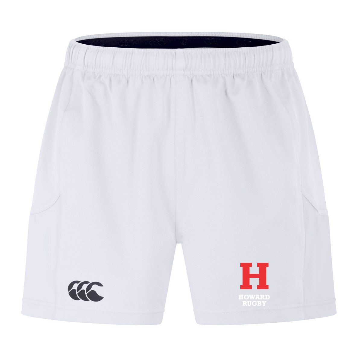 The Howard University Advantage Short 2.0 by EMB Canterbury is designed for sustainable performance, featuring an elastic waistband and two logos: a black "CCC" and a red "H" with "Howard Rugby" below it.