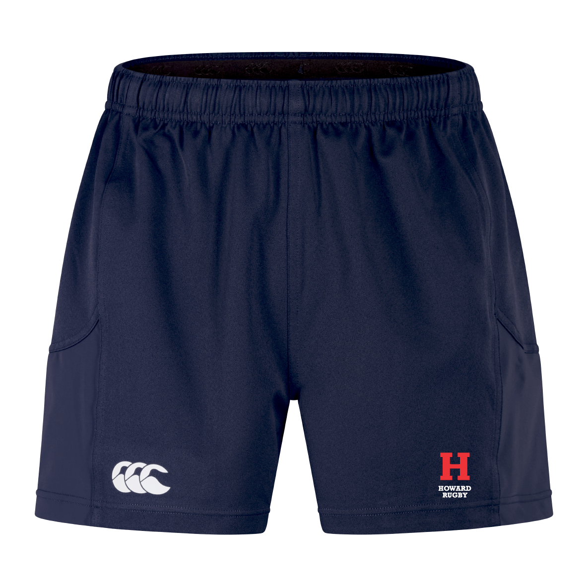 The Howard University Advantage Short 2.0 by EMB Canterbury is designed for ultimate performance in navy blue, featuring an embroidered "H" and "Howard Rugby" in red and white, plus a white Canterbury logo on the left for unmatched style and functionality.