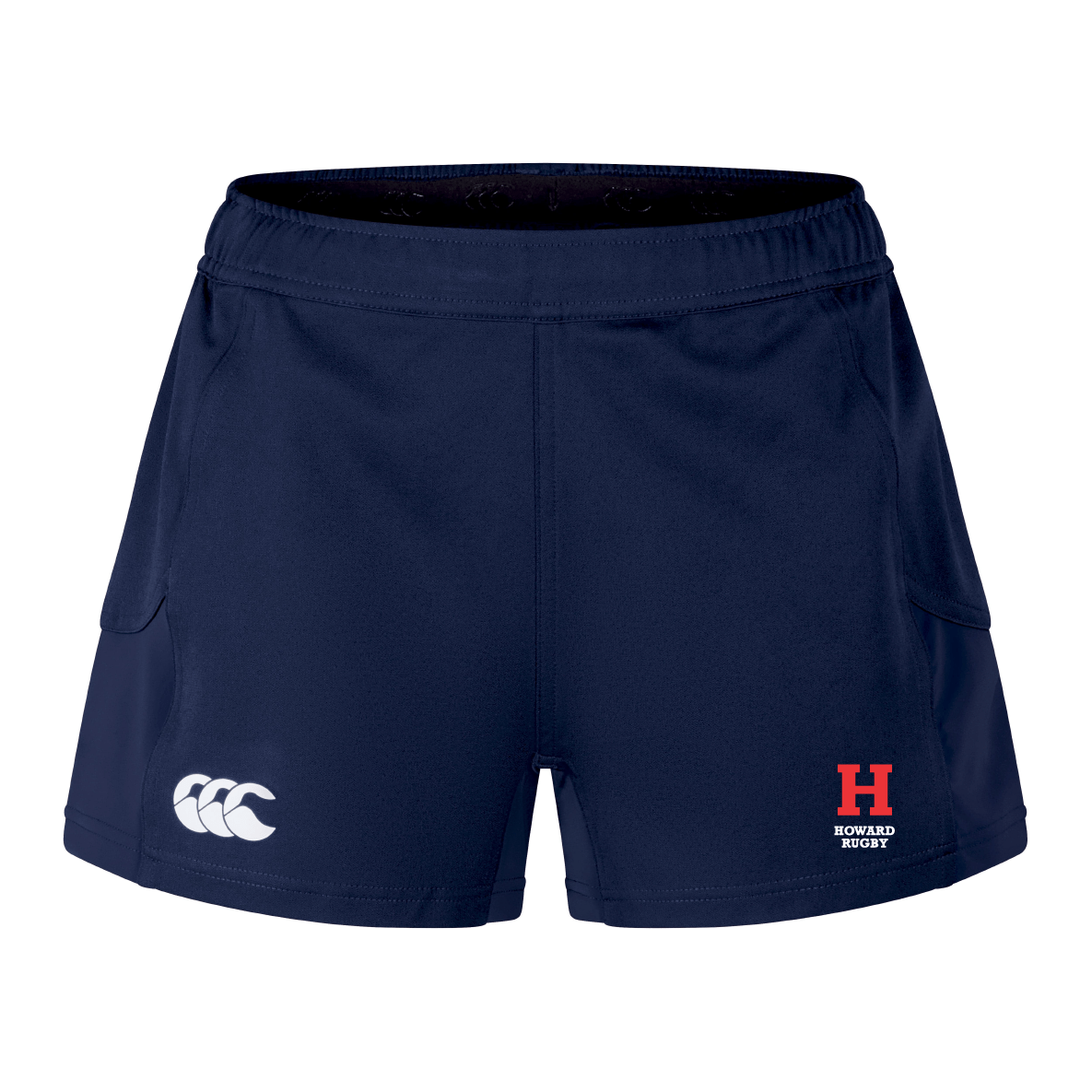 The Howard University Women's Advantage Short 2.0 by EMB Canterbury in navy blue features an "H" logo on the right leg and the Canterbury logo on the left, crafted with recycled content for improved performance and sustainability.