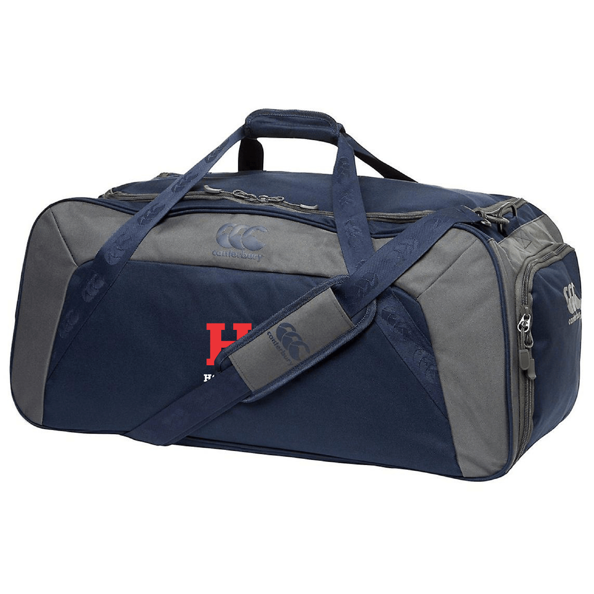 The Howard University Holdall Duffle Bag by EMB Canterbury, in navy and gray, features a shoulder strap and zippered compartments. Its sleek design with water-repellent material is perfect for storing rugby essentials.