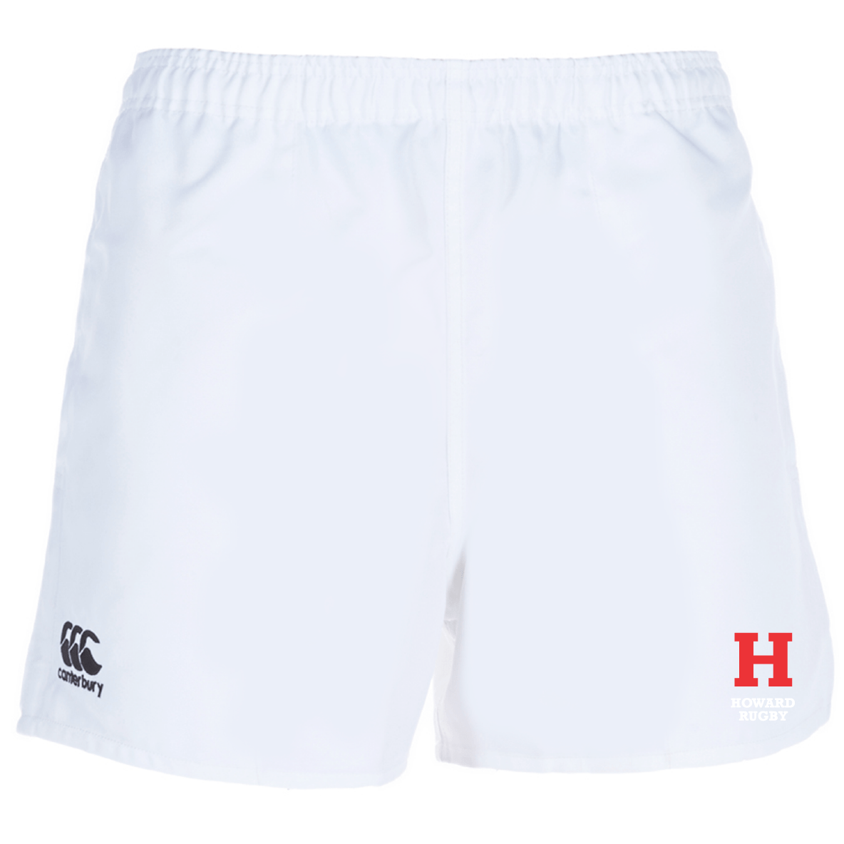 These Canterbury rugby shorts, made from moisture-wicking fabric, feature a white design with the "Canterbury" logo on the left and a red "H" for Howard Rugby on the right.