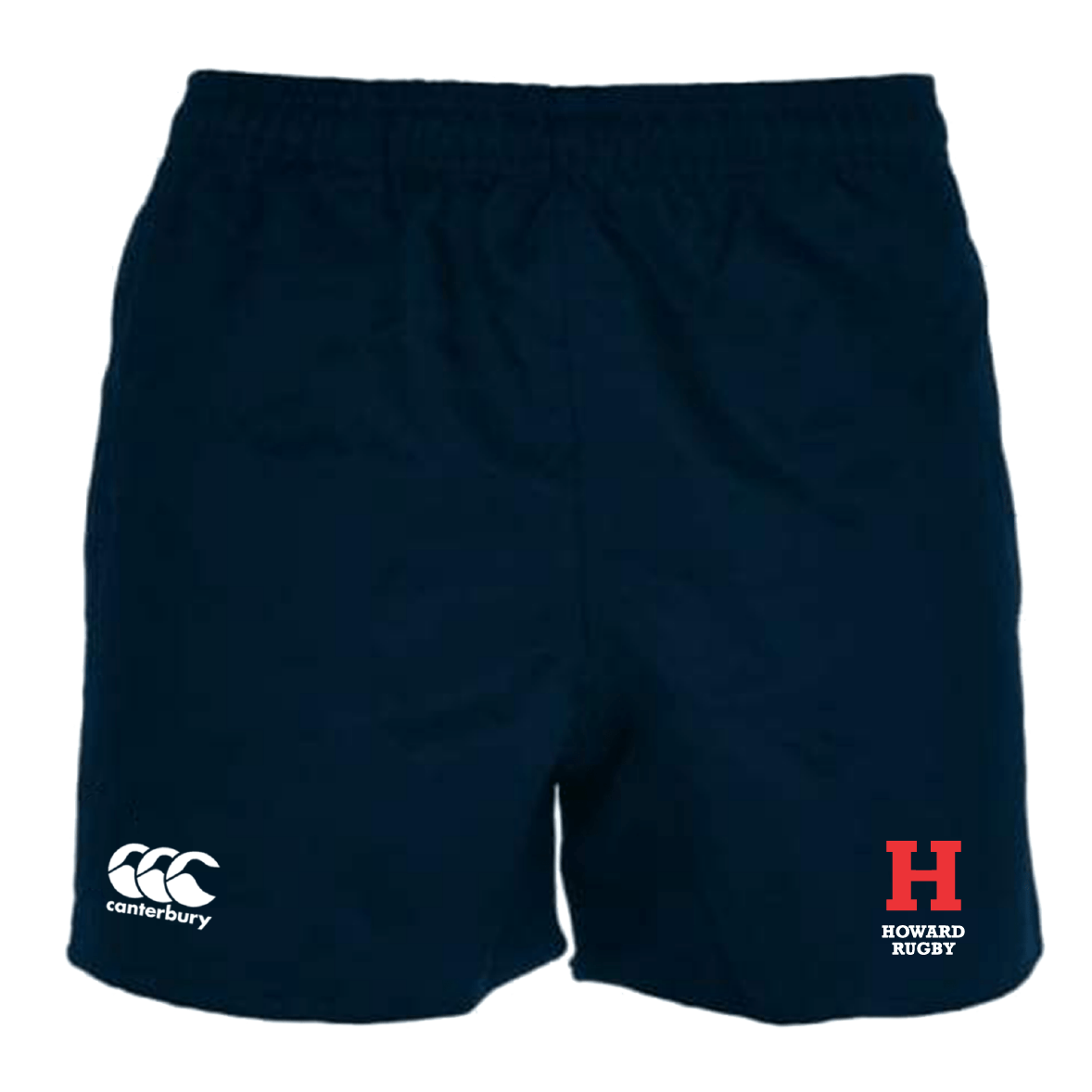 The Howard University Advantage Rugby Shorts by EMB Canterbury feature an elastic waistband, a "Canterbury" logo on the left, and "Howard Rugby" with a red "H" on the right. These navy blue shorts are designed for rugby players and ensure excellent moisture management for peak performance.