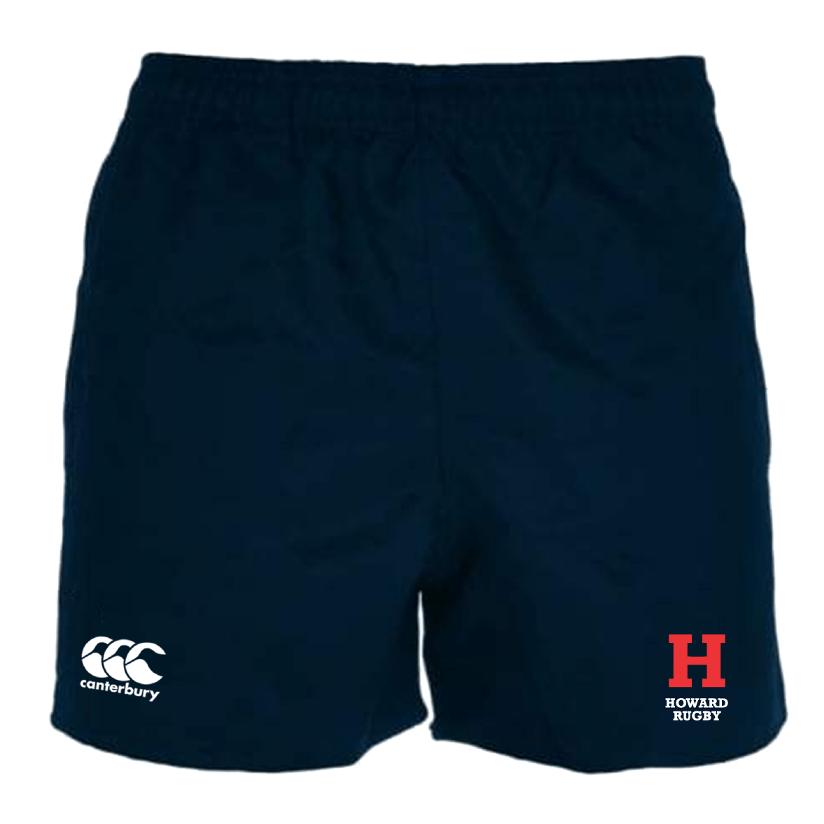 The Howard University Professional Rugby Shorts by EMB Canterbury are navy blue, crafted from durable polyester, featuring an elastic waistband. They display the "Canterbury" logo on the left and the "Howard Rugby H" logo on the right.