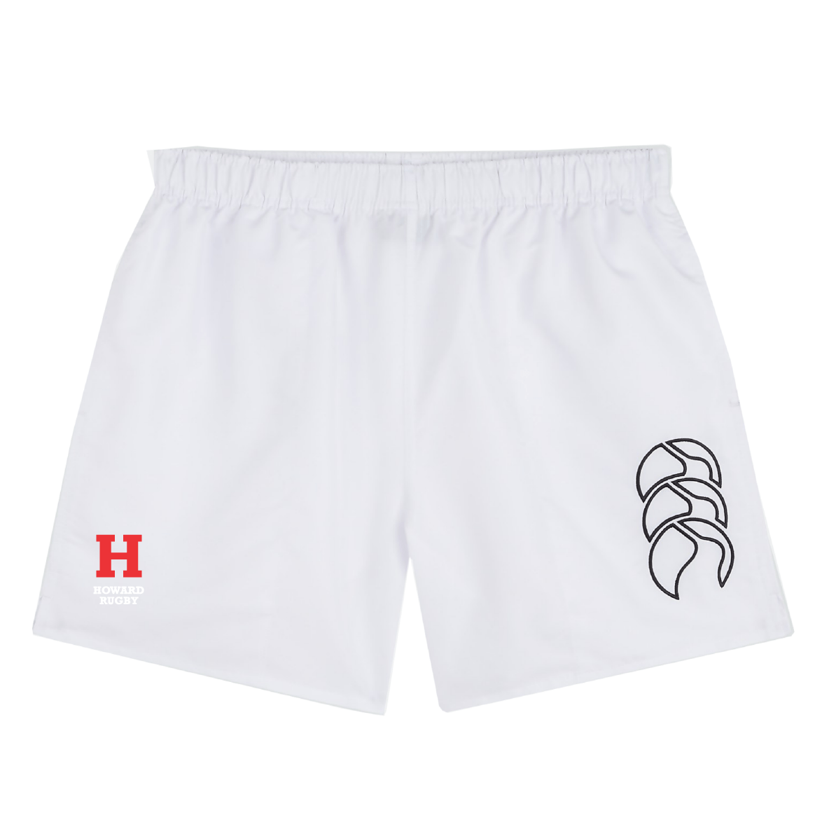 The Howard University Tactic Short by EMB Canterbury features an elastic waistband with a red "H" and "HOWARD RUGBY" on the left and a black logo on the right.