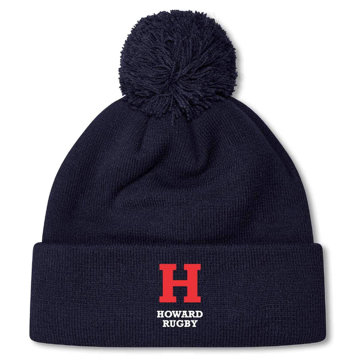 The Howard University Pom Pom Beanie by EMB Canterbury features a navy blue design with a pom-pom, showcasing a red "H" and "HOWARD RUGBY" in white on the front. It’s the perfect stylish and warm Rugby Bobble Hat for fans.