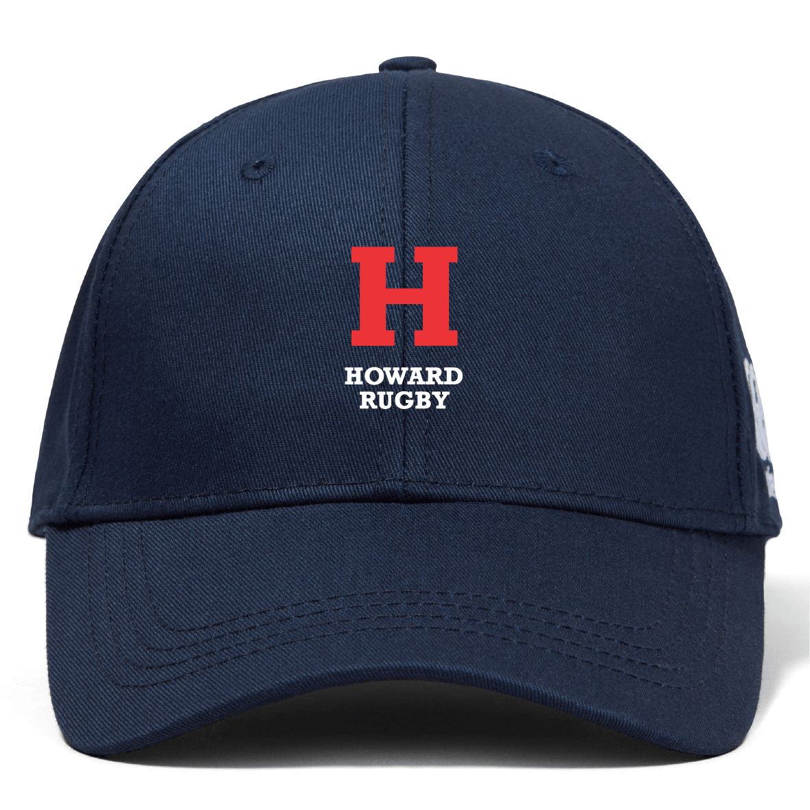 The Howard University Flexfit Drill Cap by EMB Canterbury features a red "H" with "Howard Rugby" embroidered beneath it and a stylish curved brim, all in dark blue.