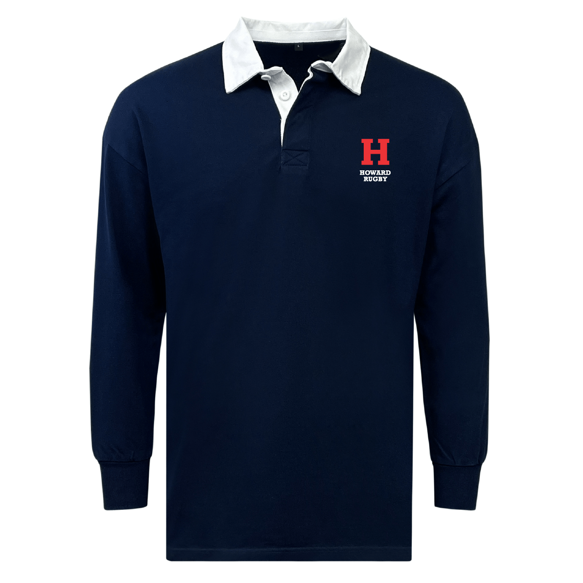The EMB Mudoo Howard University Classic Long Sleeve Solid Rugby Jersey is a soft cotton/poly blend navy blue rugby jersey with a white collar, featuring a red "H" and "Howard Rugby" on the left chest for timeless style and comfort.