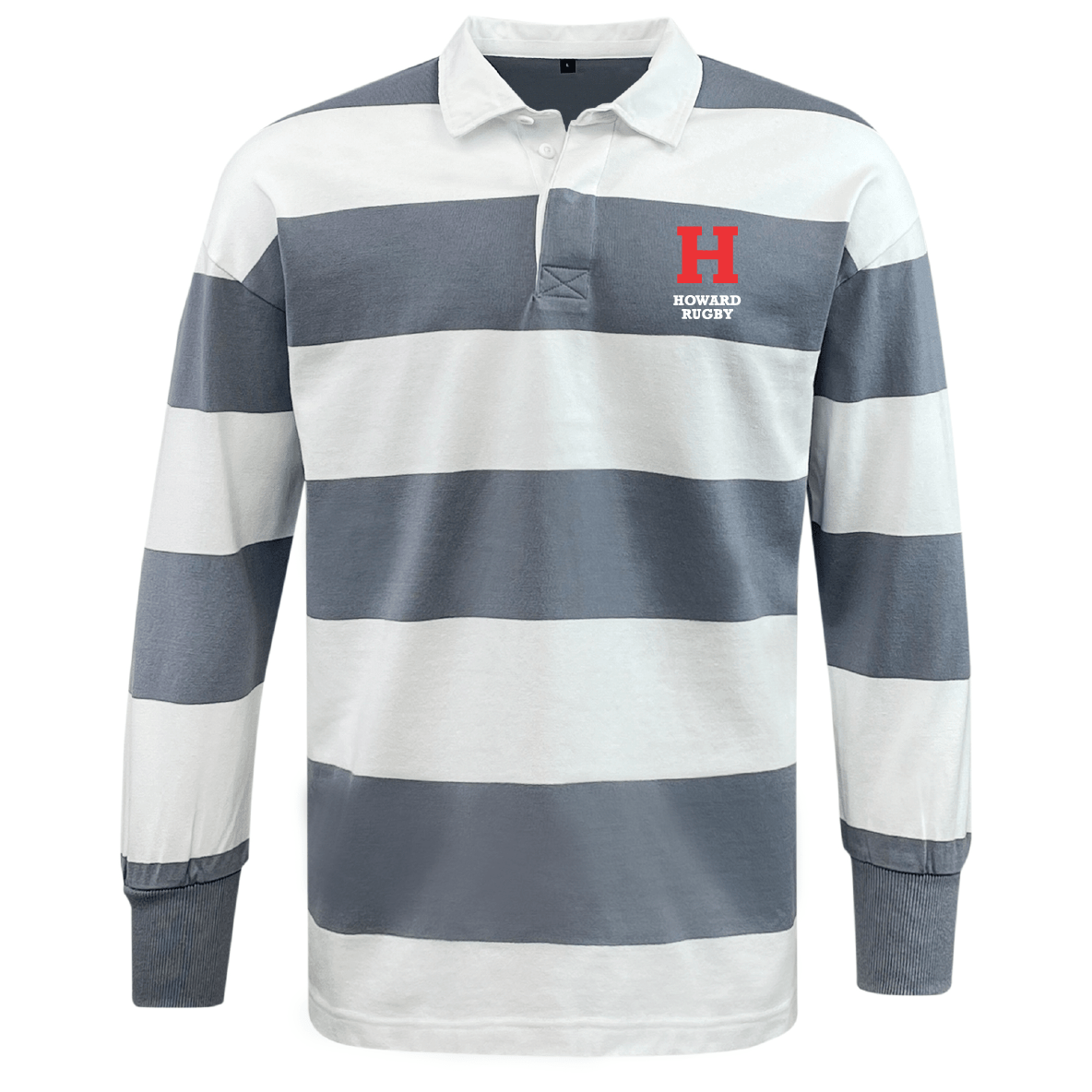 The EMB Mudoo Howard University Classic Long Sleeve Hooped Rugby Jersey features white and gray stripes with a red "H" logo and "Howard Rugby" text on the upper left chest, combining style and comfort for perfect leisurewear.