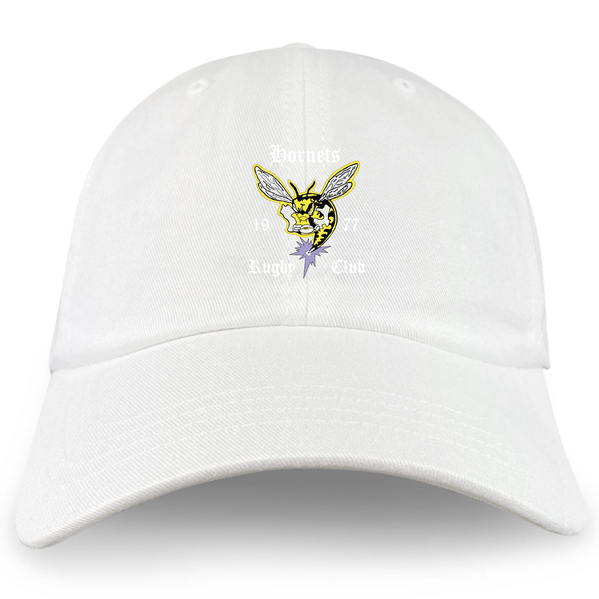 The EMB S&S Activewear Hornets Rugby Club Adult Low-Profile Cotton Twill Dad Cap features embroidered team branding with a hornet logo, "Hornets Rugby Club," and "1977" on the front.