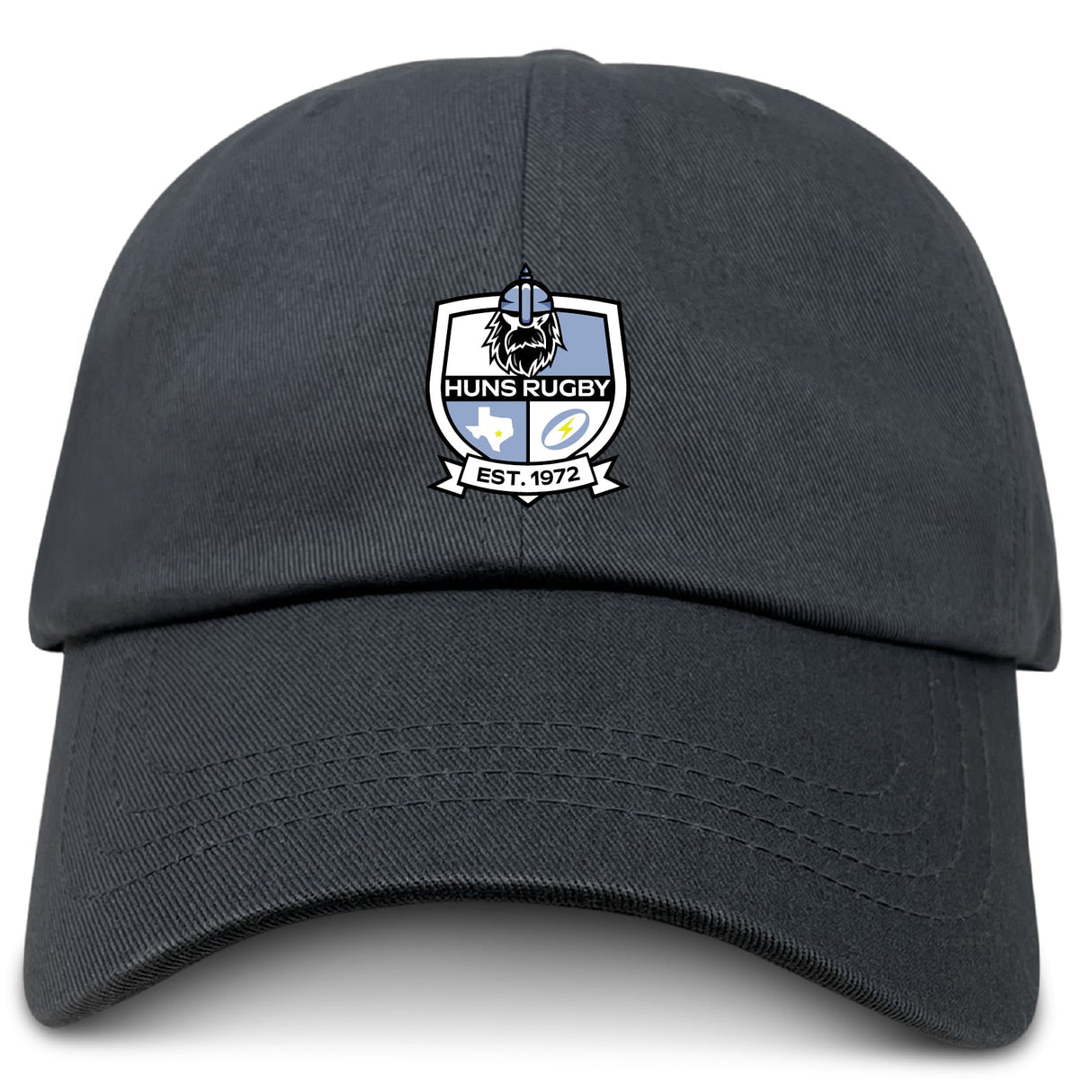 The Austin Huns Rugby Adult Low-Profile Cotton Twill Dad Cap by EMB S&S Activewear is a black cap featuring embroidered Huns Rugby branding and "EST. 1972" on the front.