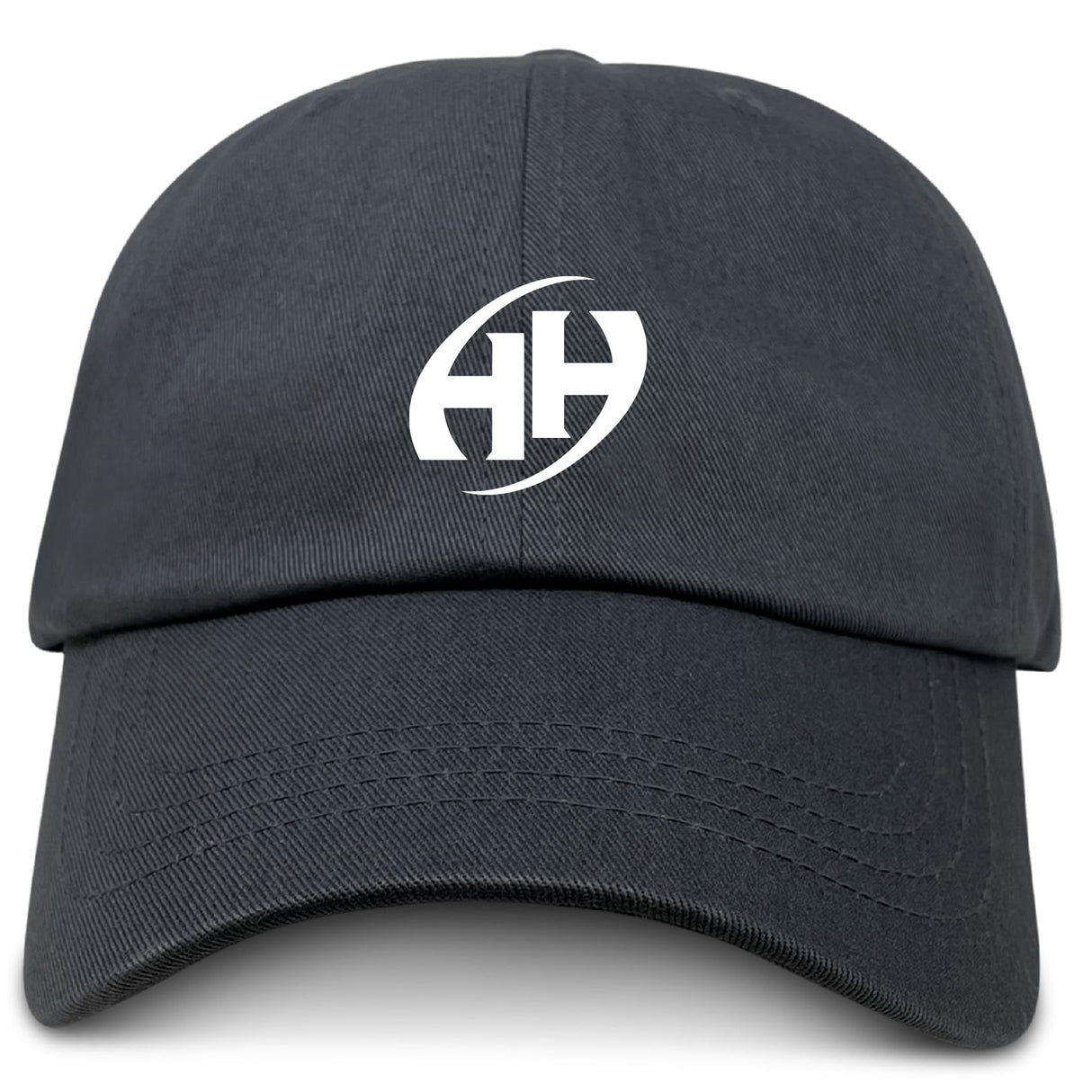 The Clarksville Headhunters Adult Low-Profile Cotton Twill Dad Cap by EMB S&S Activewear is a black cap with a white embroidered "HH" team logo on the front.
