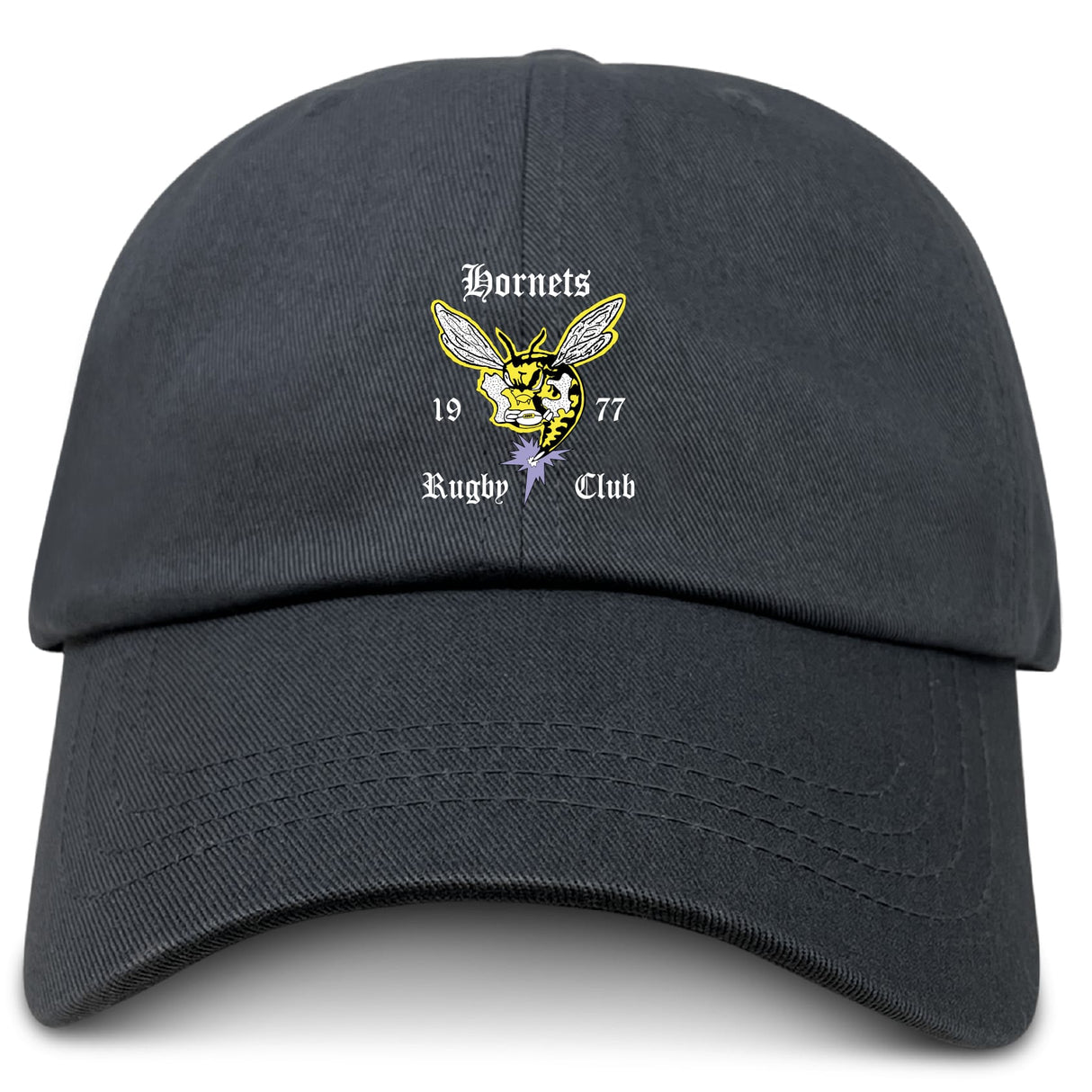 The Hornets Rugby Club Adult Low-Profile Cotton Twill Dad Cap by EMB S&S Activewear is a dark grey dad hat embroidered with the club’s hornet mascot and "1977.