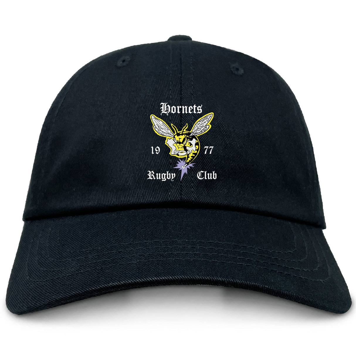 The Hornets Rugby Club Adult Low-Profile Cotton Twill Dad Cap by EMB S&S Activewear is a black cotton twill cap with embroidered team branding, featuring a yellow hornet logo and "Hornets Rugby Club 1977" on the front.