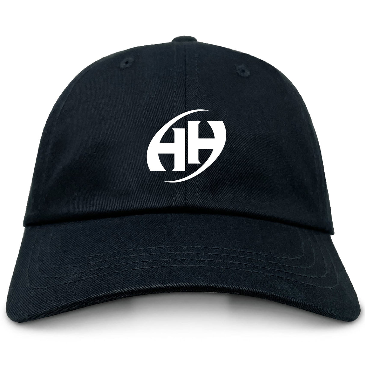 The Clarksville Headhunters Adult Low-Profile Cotton Twill Dad Cap by EMB S&S Activewear features a black twill design and a white embroidered "HH" logo on the front, adding classic style to any outfit.
