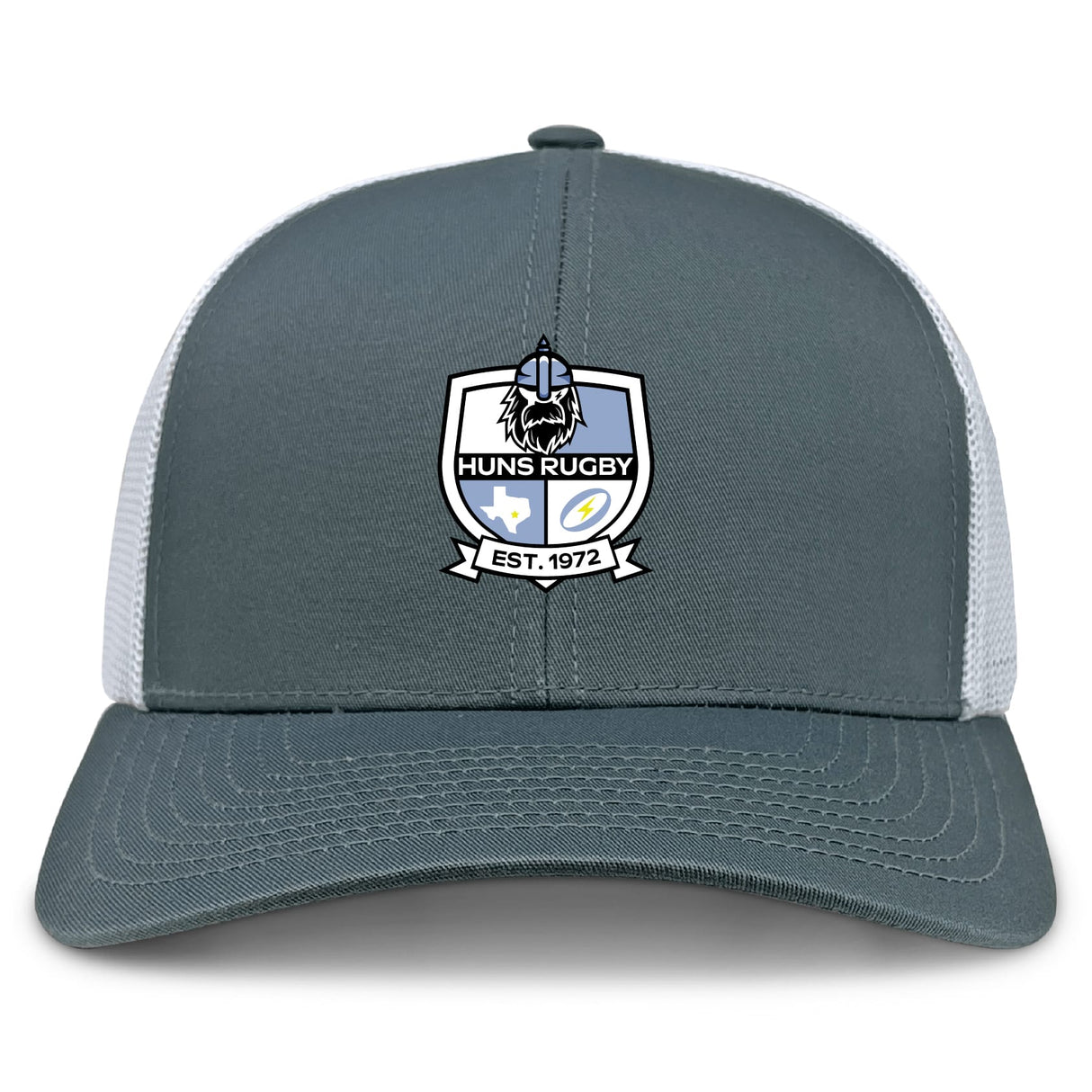 The Austin Huns Rugby Retro Trucker Cap by EMB S&S Activewear features gray and white panels, the Huns crest with a viking helmet, Texas symbol, rugby ball, "EST. 1972" embroidery on the front, and an adjustable snapback closure.