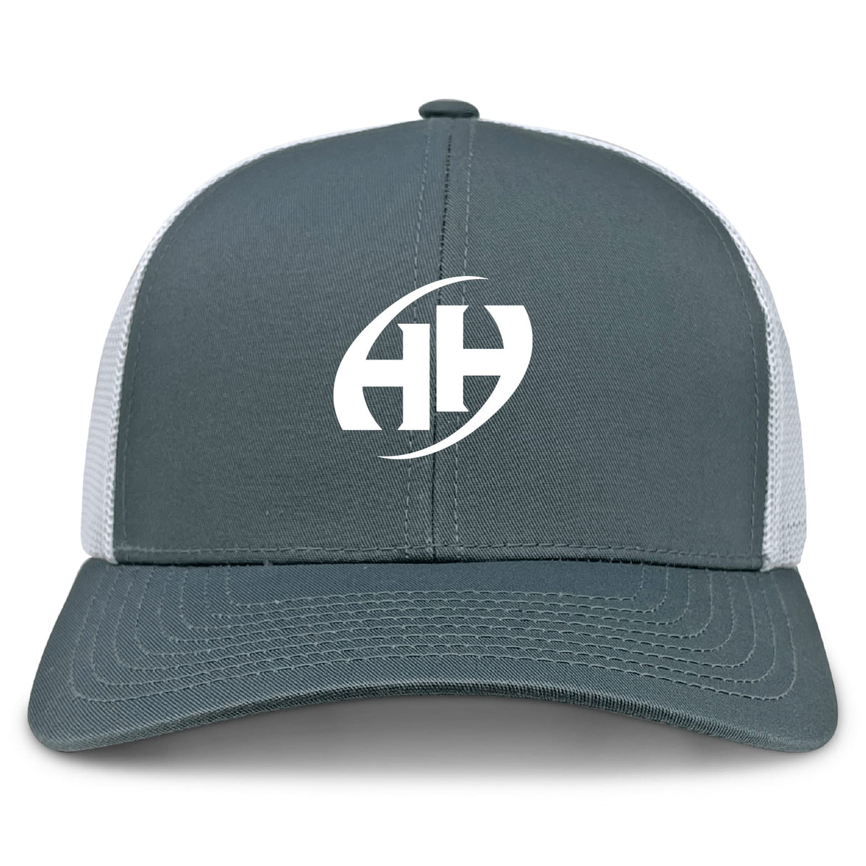 The Clarksville Headhunters Retro Trucker Cap by EMB S&S Activewear features a gray and white design, mesh back, bold white front embroidery, and an adjustable snapback closure for comfort.