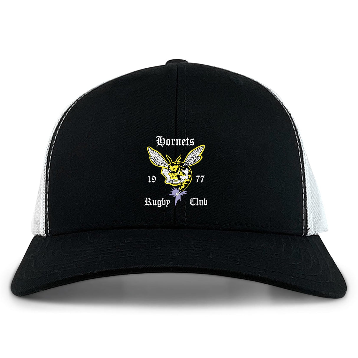 The Hornets Rugby Club Retro Trucker Cap by EMB S&S Activewear features black and white panels, an embroidered yellow hornet logo, "Hornets Rugby Club 1977" text on the front, and a classic snapback closure.