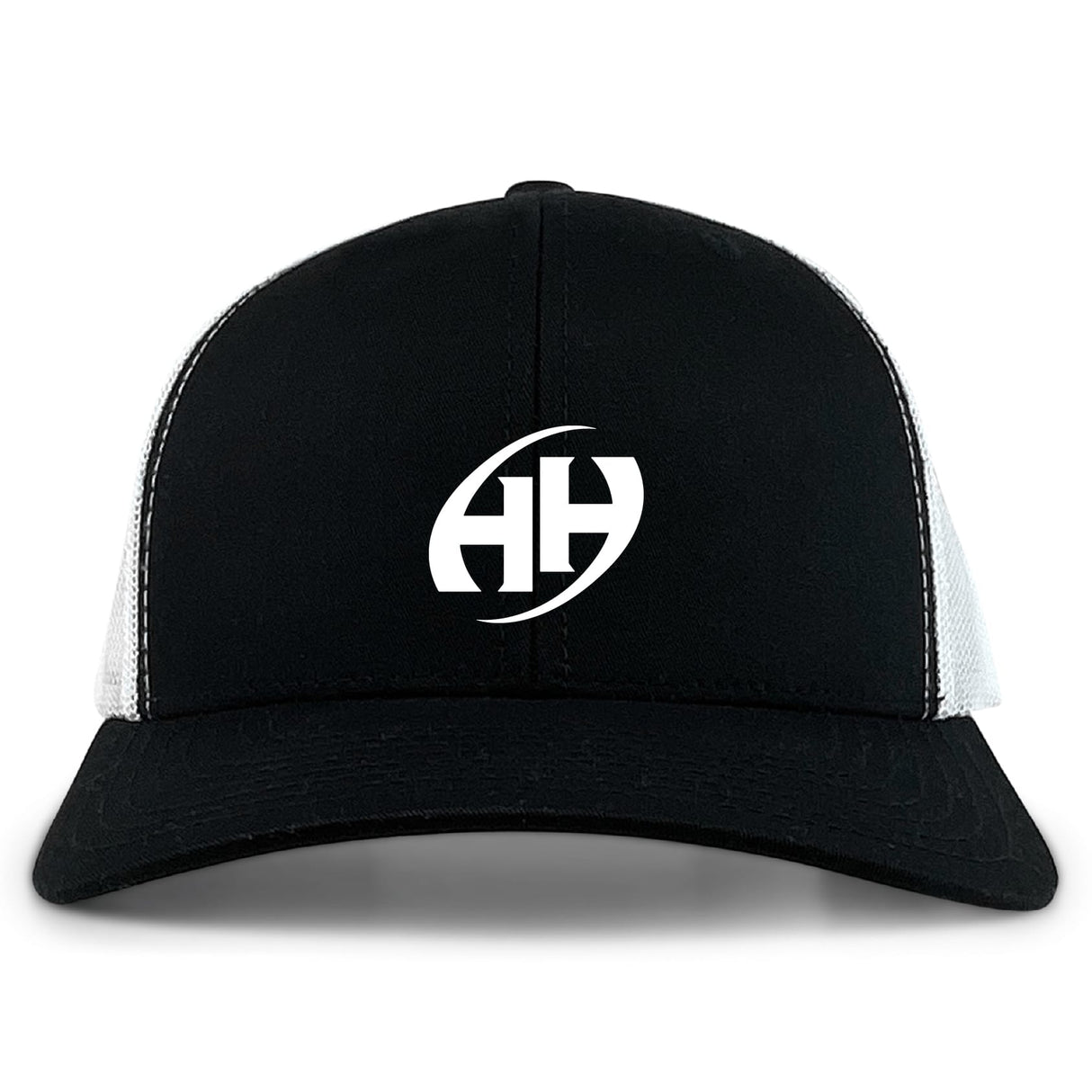 The Clarksville Headhunters Retro Trucker Cap by EMB S&S Activewear features a black and white design, curved brim, white "HH" embroidery on the front, and a classic snapback closure.