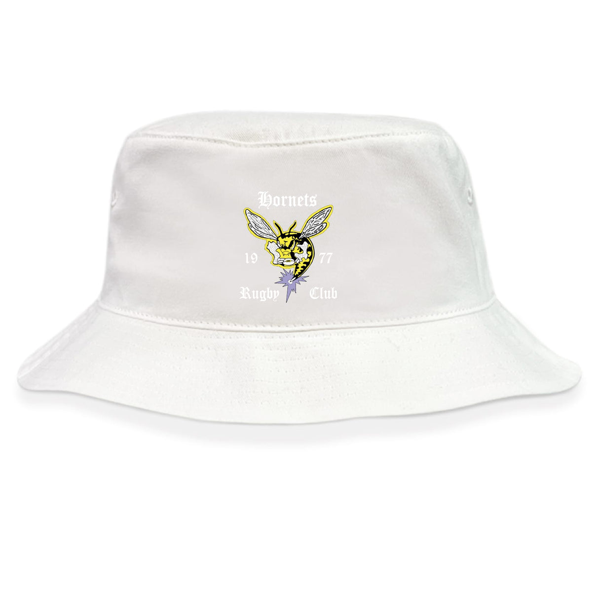 The Hornets Rugby Club Crusher Bucket Cap by EMB S&S Activewear features white cotton twill, a yellow hornet logo, and "Hornets Rugby Club 1977" on the front for classic style and sun protection.