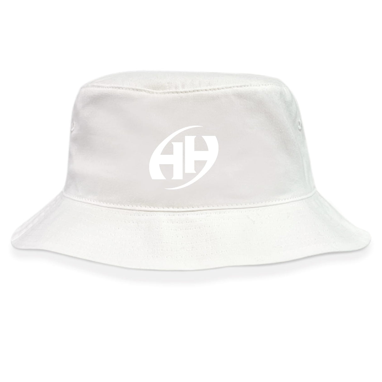 The Clarksville Headhunters Crusher Bucket Cap by EMB S&S Activewear is a white cotton twill hat featuring a minimalist white “HH” logo on the front center, providing stylish sun protection.