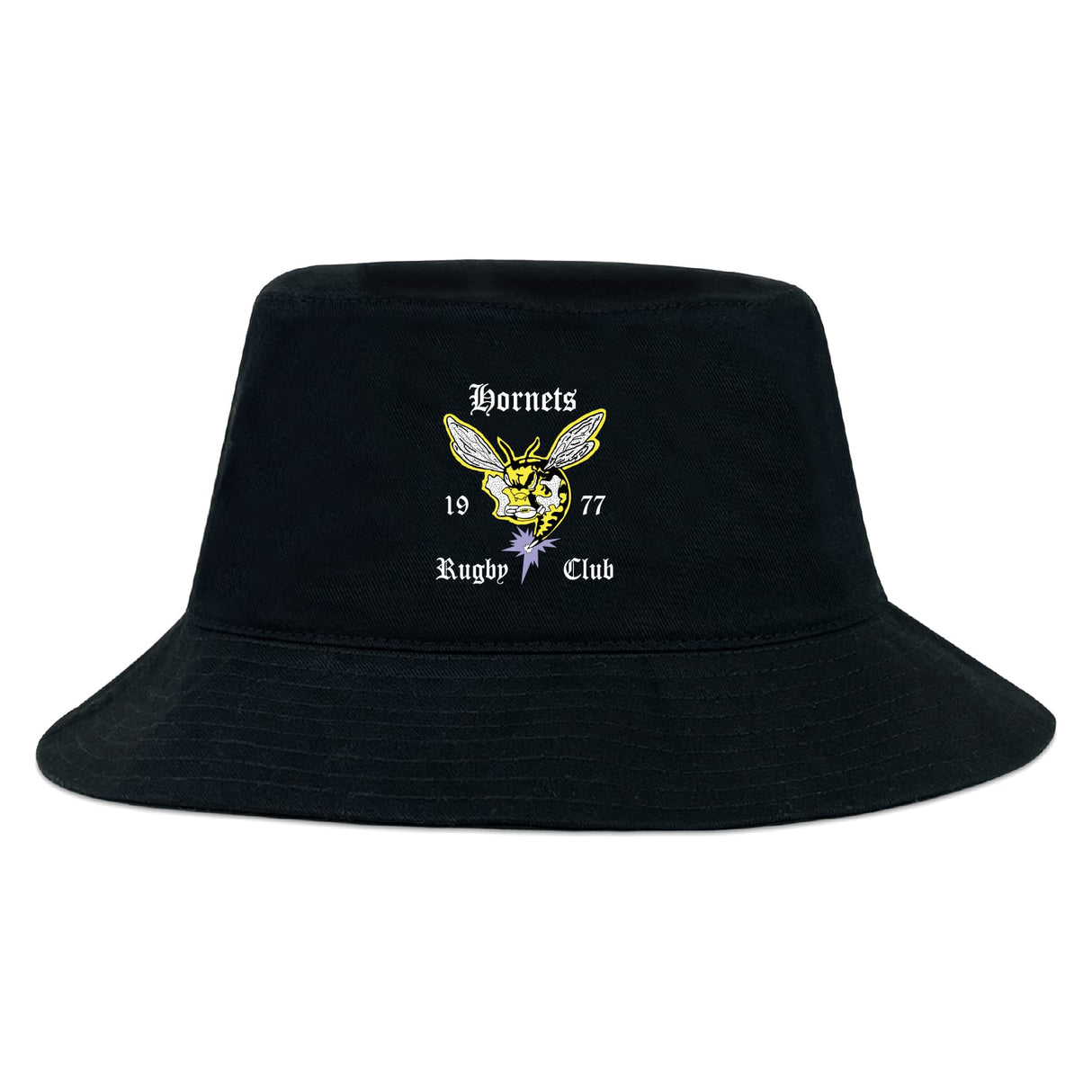 The Hornets Rugby Club Crusher Bucket Cap by EMB S&S Activewear is a black cotton twill hat with sun protection, featuring an embroidered yellow hornet and white "Hornets Rugby Club 1977" on the front.