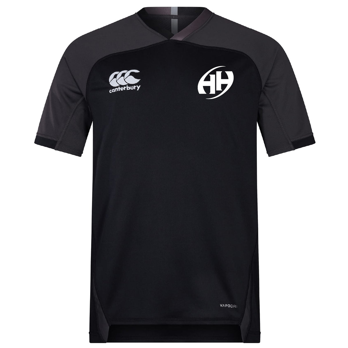 The Clarksville Headhunters Vapodri Evader Jersey by EMB Canterbury is a black and dark gray short-sleeved rugby jersey with AH chest logos, featuring moisture-wicking technology for comfort during intense matches.