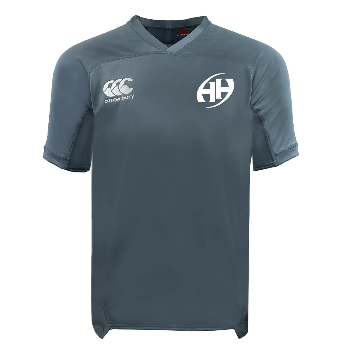 The Clarksville Headhunters Vapodri Evader Jersey by EMB Canterbury is a plain grey short-sleeve rugby top with moisture-wicking tech, a Canterbury logo on the right chest, and a stylized "AH" logo on the left chest.