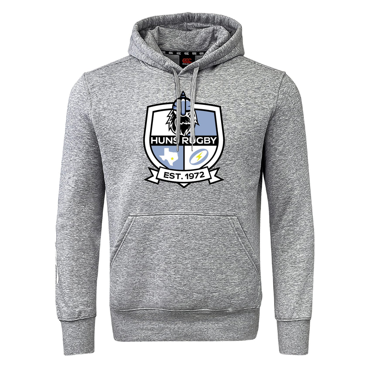 The Austin Huns Rugby Club Hoodie by WRS Canterbury features an embroidered "Huns Rugby Est. 1972" crest with chest symbols, a front pocket, and a drawstring hood.