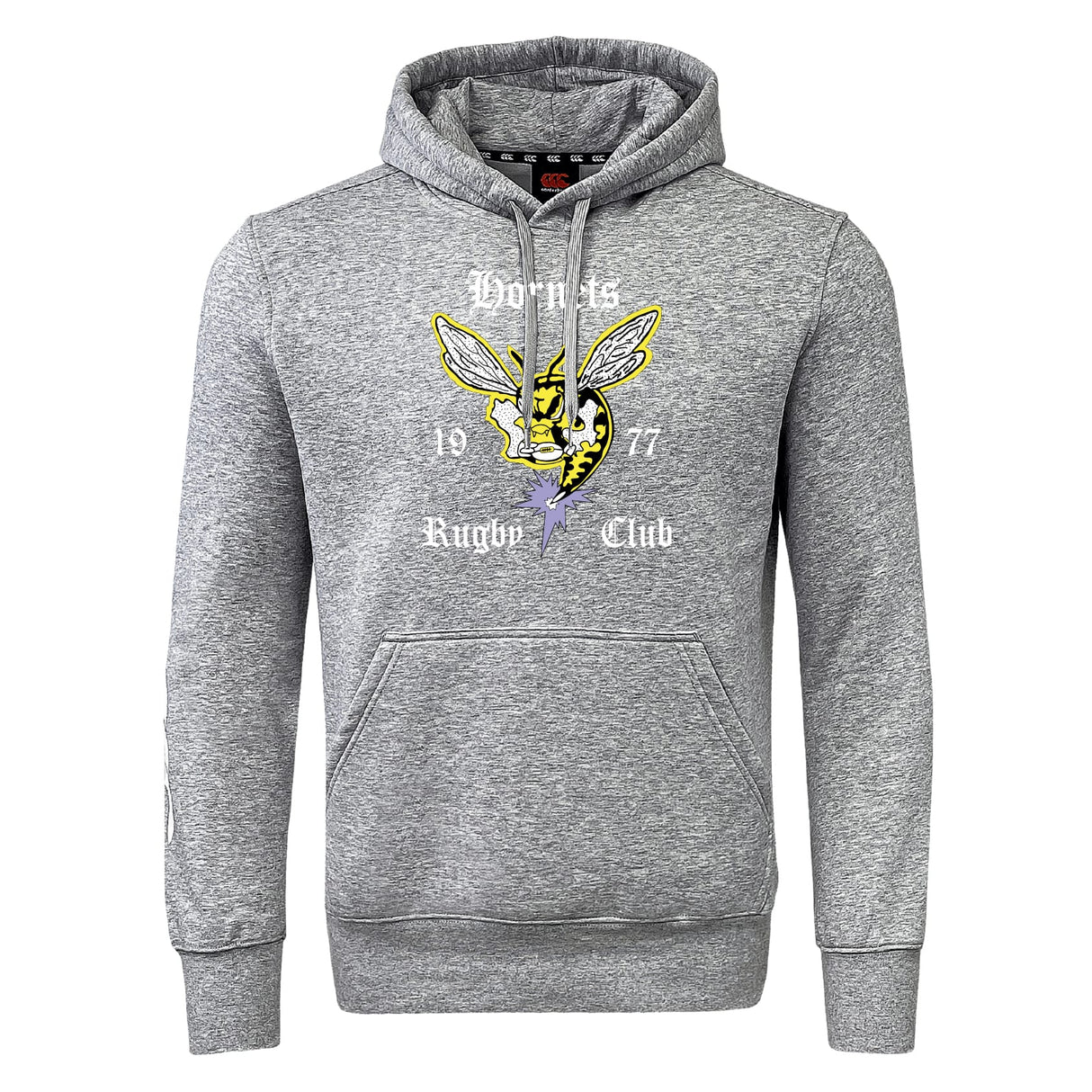 The Hornets Rugby Club Club Hoodie by WRS Canterbury features a front pocket, bold hornet graphic, and "Hornets Rugby Club 1977" on the chest—a must-have custom hoodie for fans.