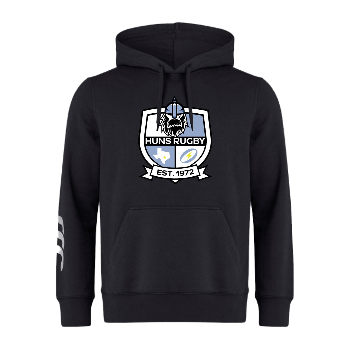 The Austin Huns Rugby Club Hoodie by WRS Canterbury features the Huns logo with a Viking helmet, blue and white shield, "EST. 1972" on the front, and three white stripes on the left sleeve.