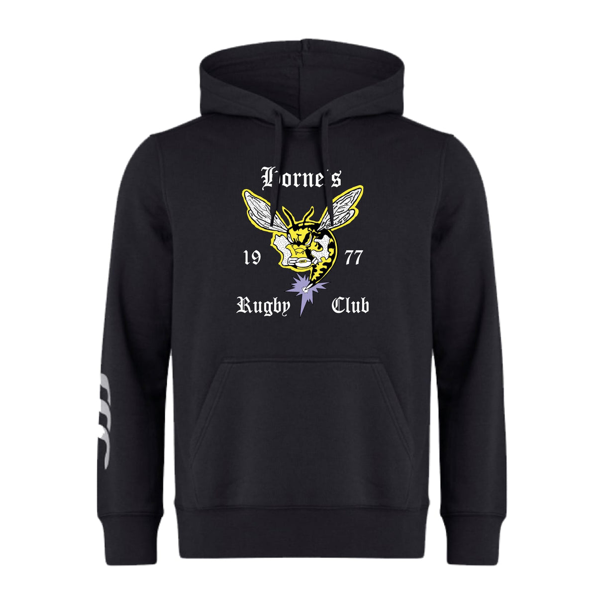 The Hornets Rugby Club Club Hoodie by WRS Canterbury features a chest design with a yellow and black hornet, “Lorne’s Rugby Club 1977” text, drawstrings, pocket, and three white stripes on the left sleeve—the perfect custom team hoodie for fans.