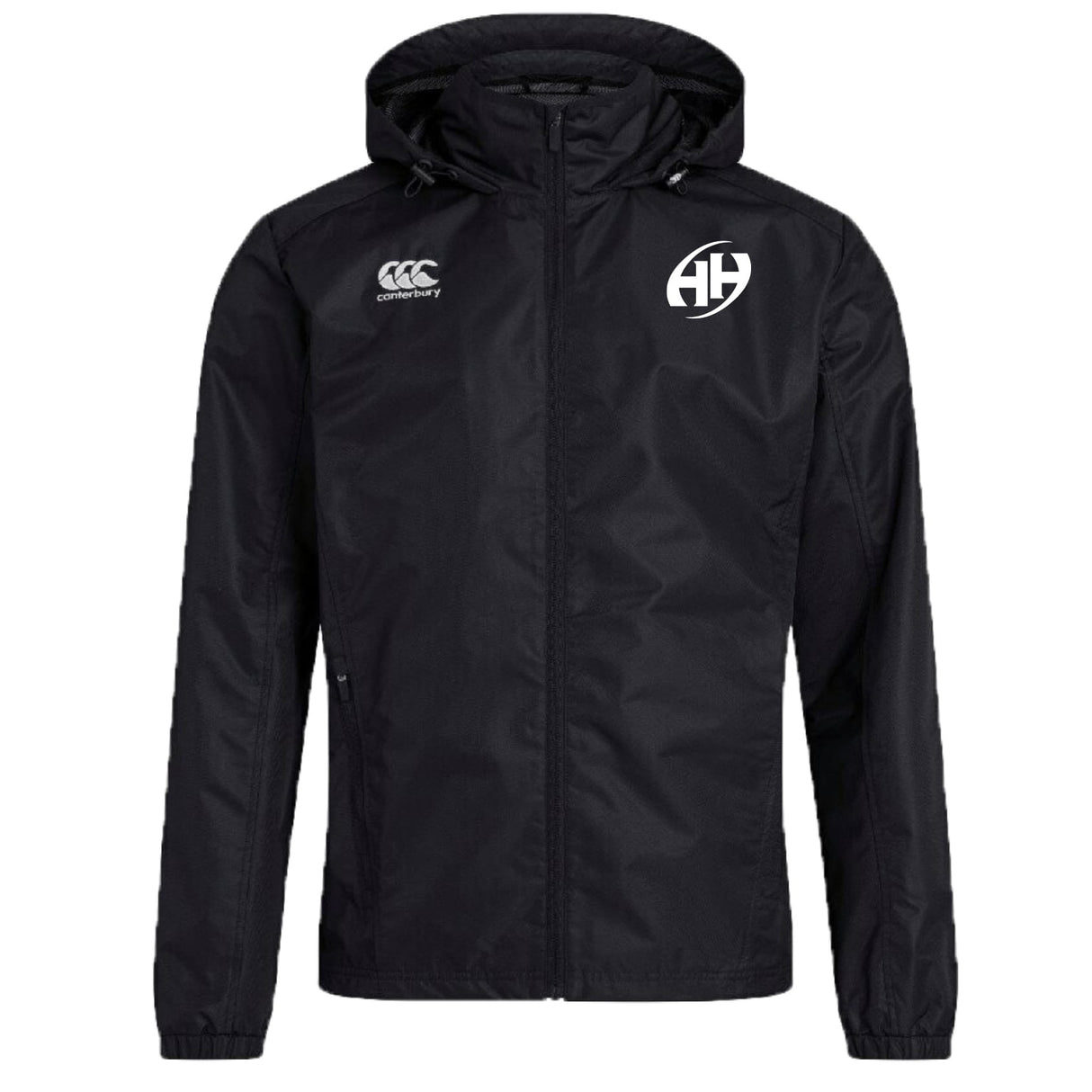 The Clarksville Headhunters Club Vaposhield Full Zip Rain Jacket by EMB Canterbury features a black hood, zip closure, water resistance, and embroidered logos on the chest—ideal for rugby as a rain jacket.
