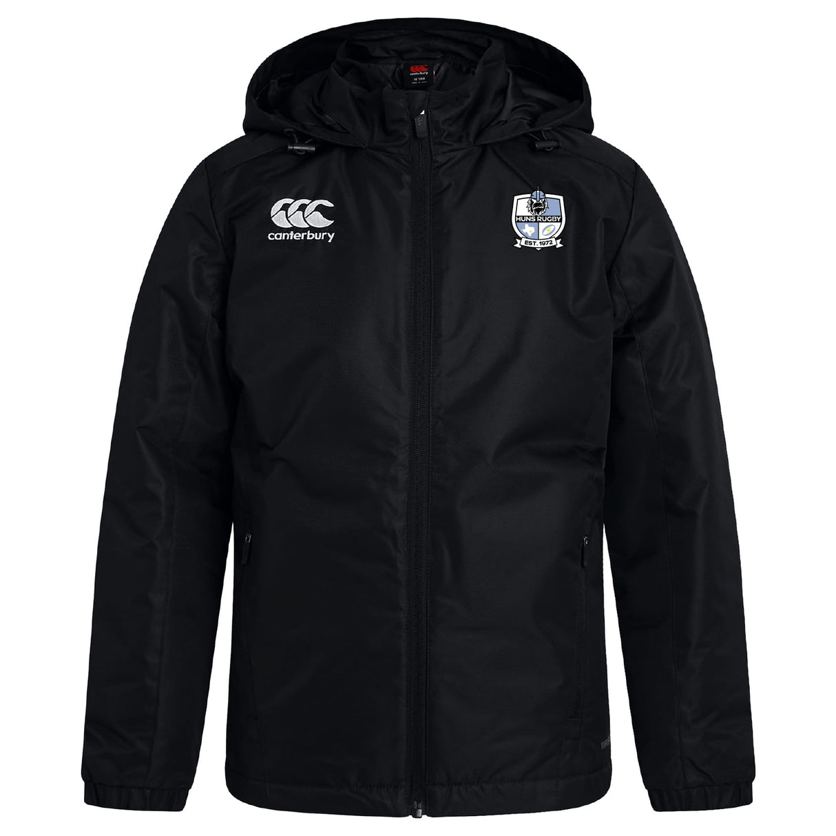 The Austin Huns Rugby Club Vaposhield Stadium Jacket by EMB Canterbury features a black hood, zip front, padded insulation for warmth, water-repellent fabric, the Canterbury logo on the right chest, and a blue-detailed club crest on the left.