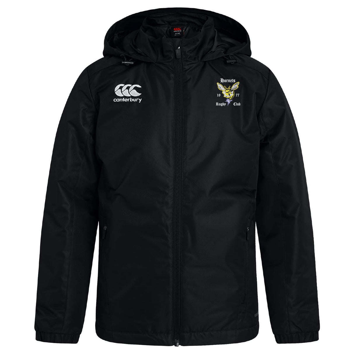 The Hornets Rugby Club Vaposhield Stadium Jacket by EMB Canterbury is a black, padded jacket with a front zipper, featuring both the Canterbury and Hornets Rugby Club logos for warmth and comfort on chilly game days.