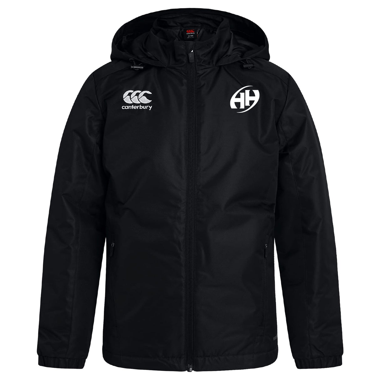 The Clarksville Headhunters Club Vaposhield Stadium Jacket by EMB Canterbury is a black, water-repellent, hooded jacket with padded insulation, front zipper, Canterbury logo on the right chest, and a circular "AH" logo on the left chest.