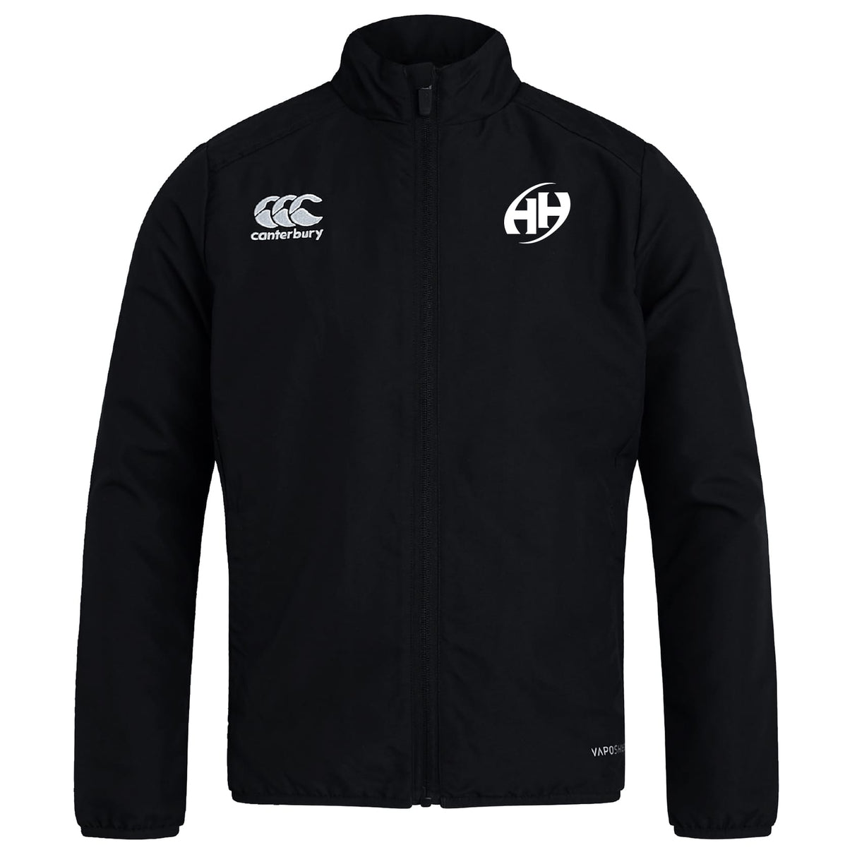 The Clarksville Headhunters Club Track Jacket by EMB Canterbury is a lightweight black zip-up with the Canterbury logo on the left chest and a circular "AH" logo on the right, ideal for everyday wear.