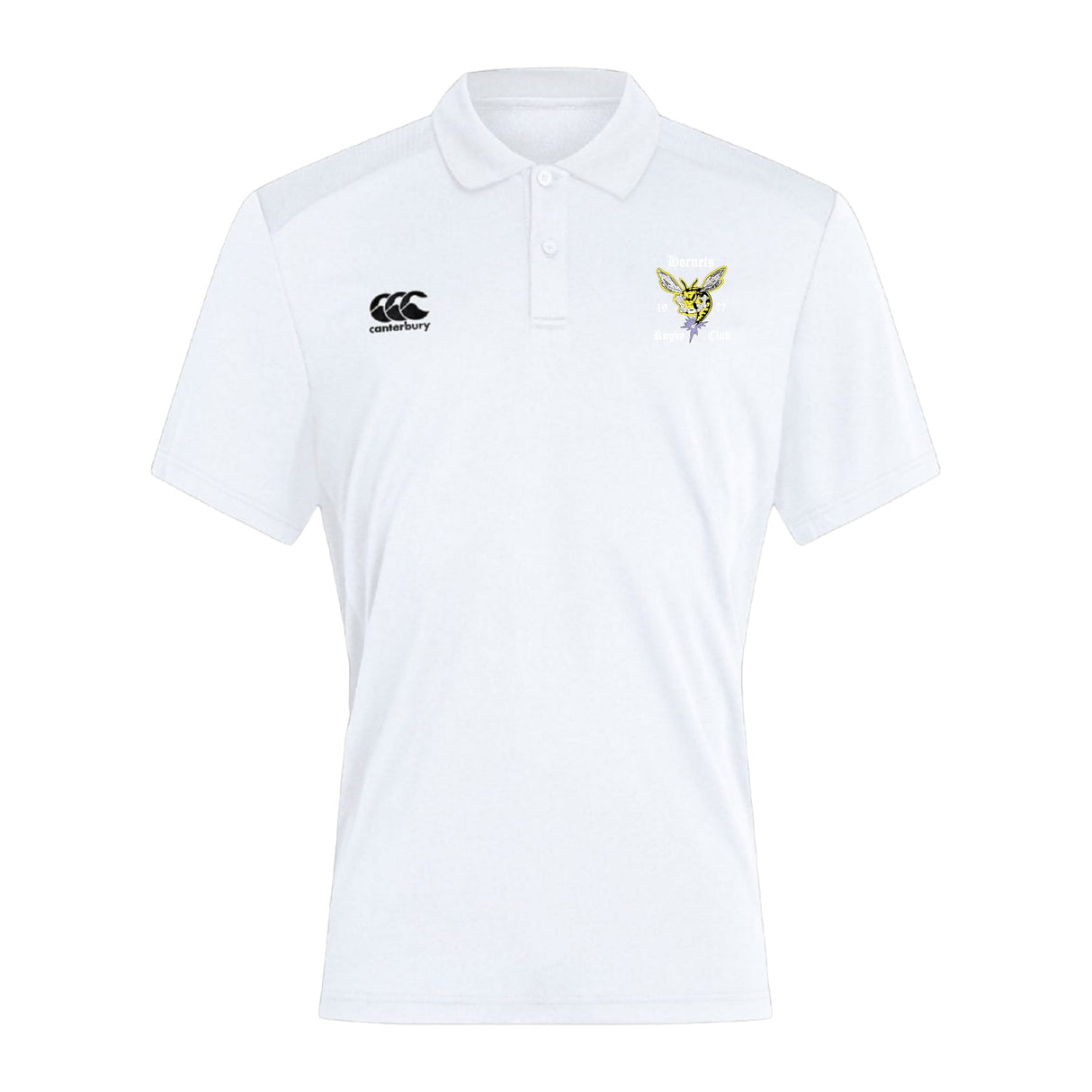 The Hornets Rugby Club Club Dry Polo by EMB Canterbury is a white short-sleeve polo featuring the Canterbury logo on the right chest and hornet emblem with text on the left. Vapodri Technology ensures cool, breathable comfort.