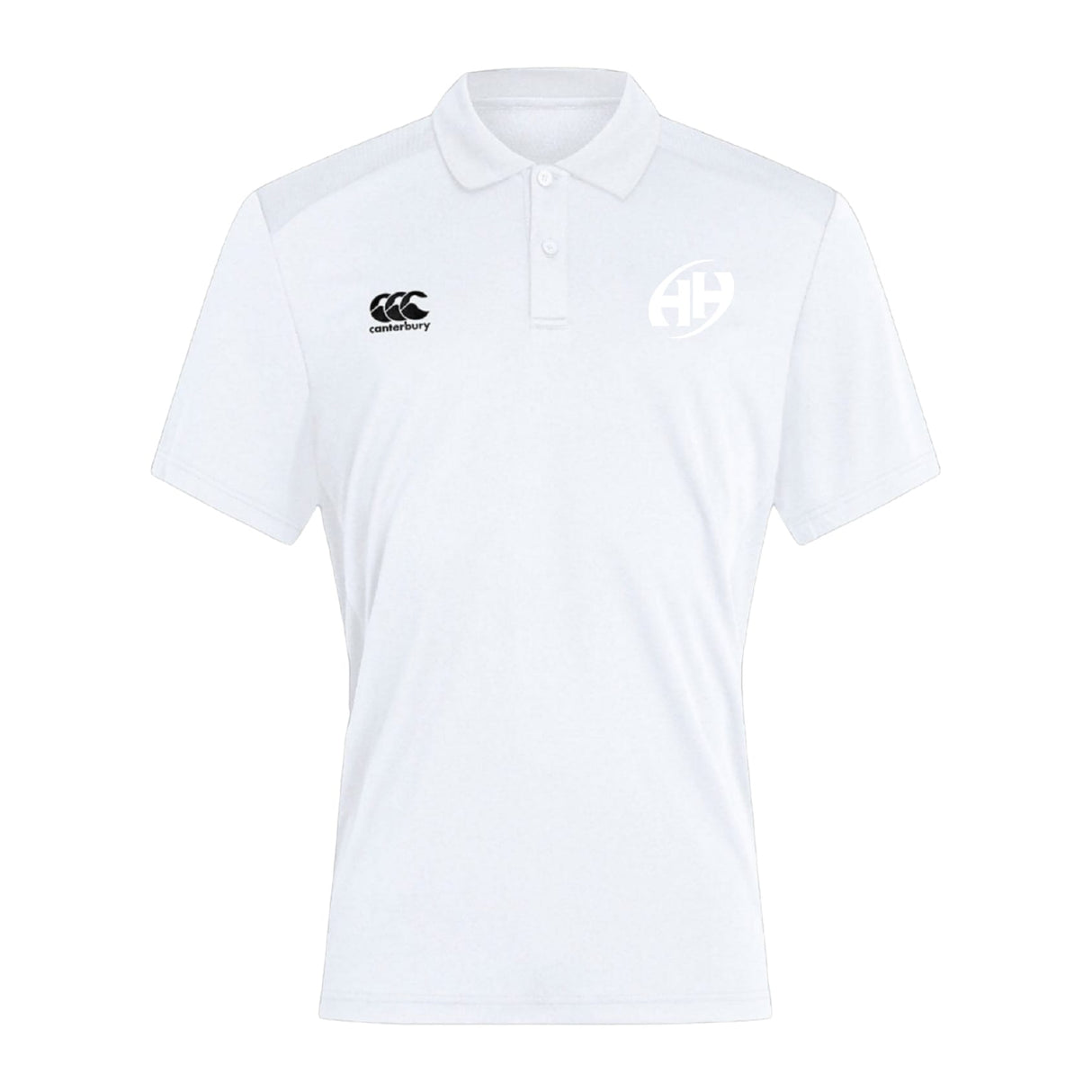 The Clarksville Headhunters Club Dry Polo by EMB Canterbury is a white short-sleeve shirt with a collar, Vapodri Technology, the Canterbury logo on the right chest, and a circular "AH" logo on the left.